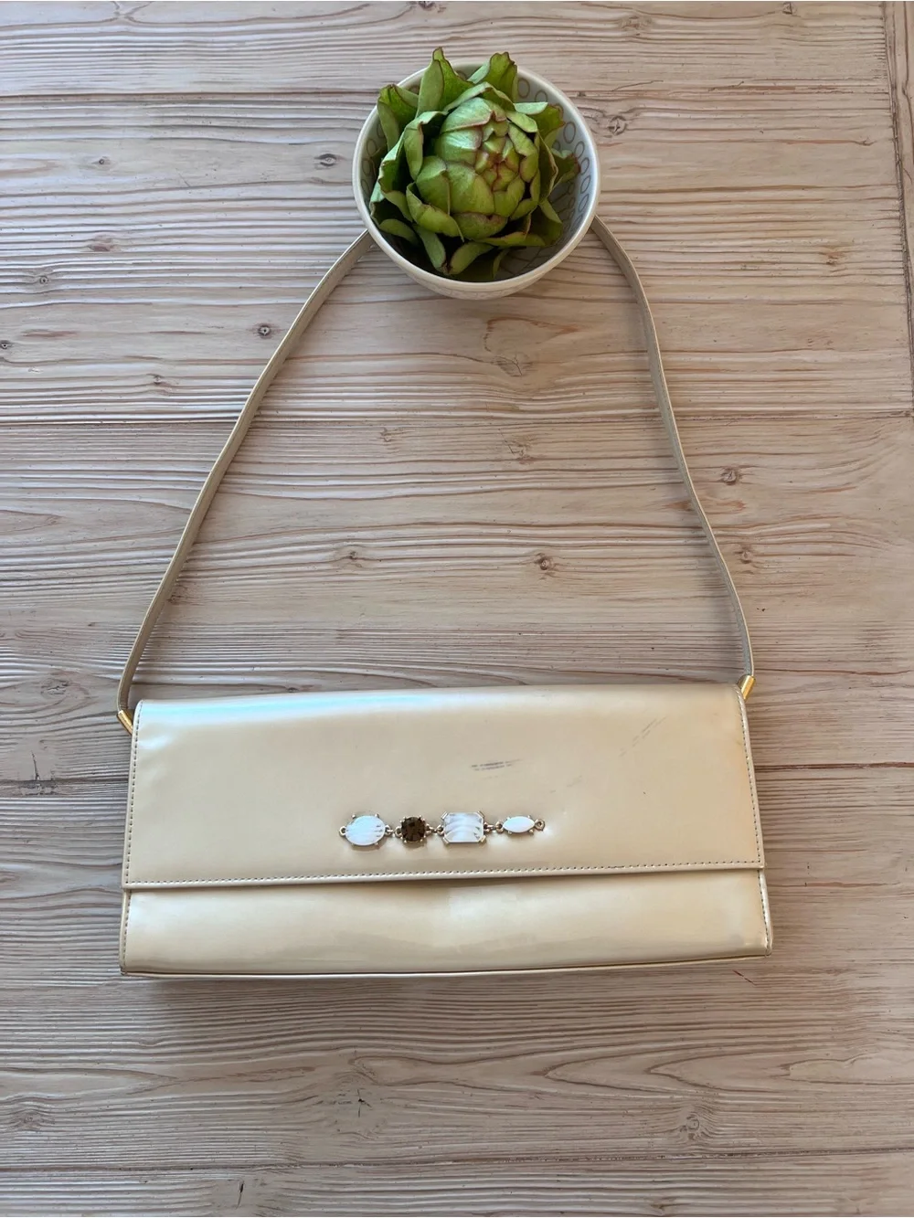 Stuart Weitzman Champagne Ivory Patent Leather Evening Bag Shoulder Bag, Spain